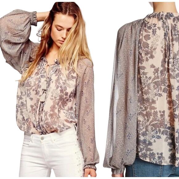 Free People Hendrix Blouse Peasant SemiSheer Boho Festival SIZE XS Floral Tassel - Picture 12 of 12